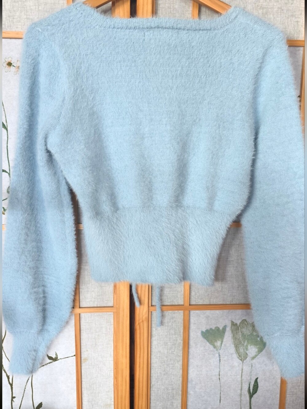 Y2K Baby Blue Fuzzy Eyelash Knit Lace-Up Crop Sweater Balloon Sleeve Soft - Picture 5 of 14
